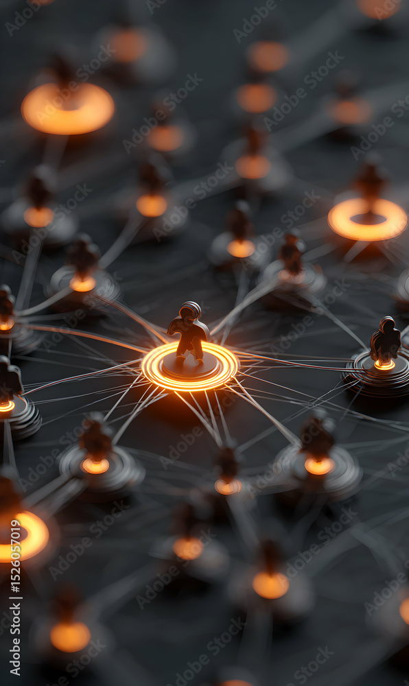 Poster conceptual visualization of a network of interconnected figures symbolizing connection and collabora