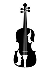 Fototapeta premium Black silhouette of a violin and two white female profiles, minimalist design for music logos, concert posters, album covers and illustrations of the spirituality of music