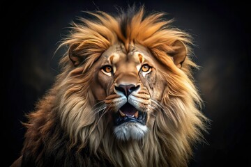 Naklejka premium Christ's return: a fierce Lion of Judah, biblical symbolism rendered in powerful Christian art on a black background.