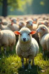 Obraz premium One white sheep in a crowd of black sheep, sunny day , nature, odd, image