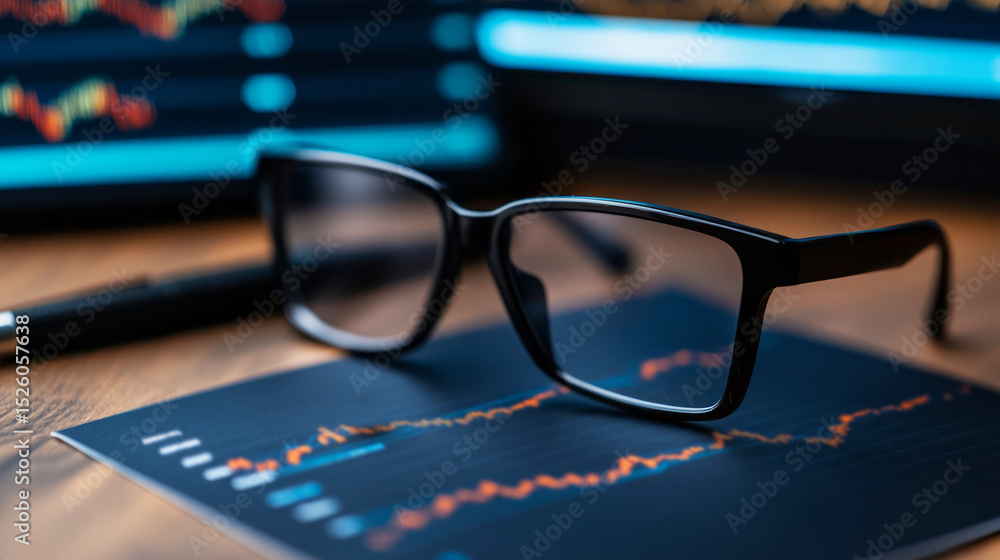 Poster glasses on analysis chart displaying market trends with digital data on wooden desk surface