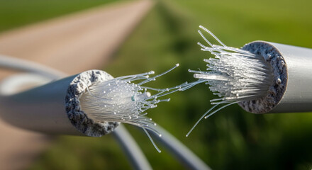 closeup of a broken internet optical fiber connection