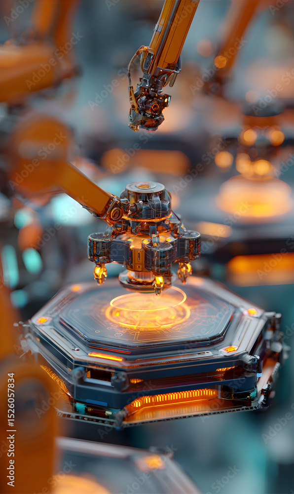 Poster robotic arm precision manufacturing a futuristic component with glowing energy in a high tech factor