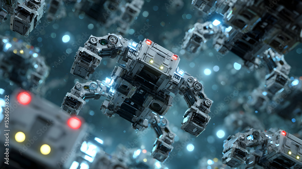 Poster complex network of futuristic robotic structures floating in a serene yet unknown digital expanse
