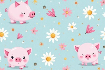 Playful pink pig and daisy seamless pattern Perfect for kids' products , design, summer