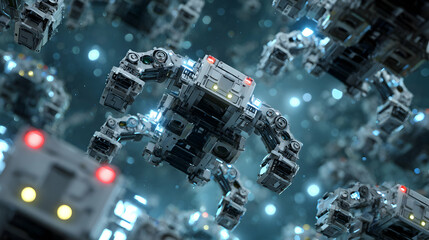 Complex network of futuristic robotic structures floating in a serene yet unknown digital expanse