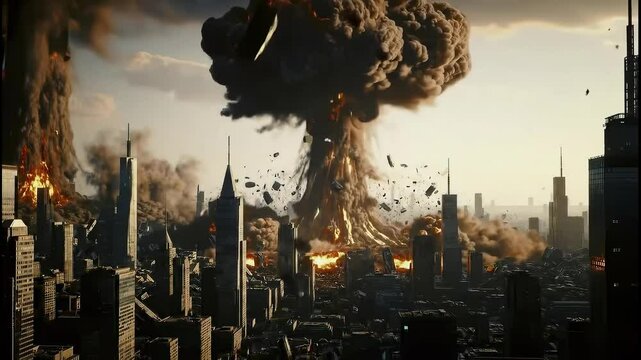 Catastrophic explosion devastates city skyline in a dramatic display of destruction
