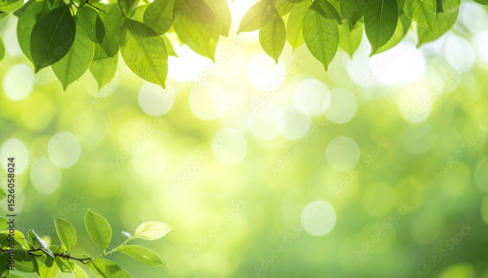 Poster fresh green leaves with soft bokeh background and sunlight creating serene atmosphere