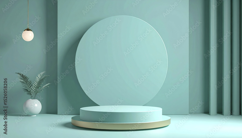 Poster minimalist soft turquoise scene with circular display and gentle ambiance