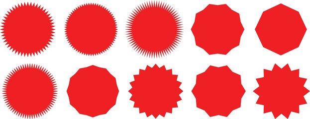 Set of circles with zigzag edges, Sunburst sticker shapes, Rounded starburst zigzag badge, spiky oval, circle and star shaped price tag, discount and sale label stickers, Star or sunburst icons.