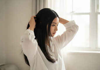 Fototapeta premium ロングヘアを整えている女性