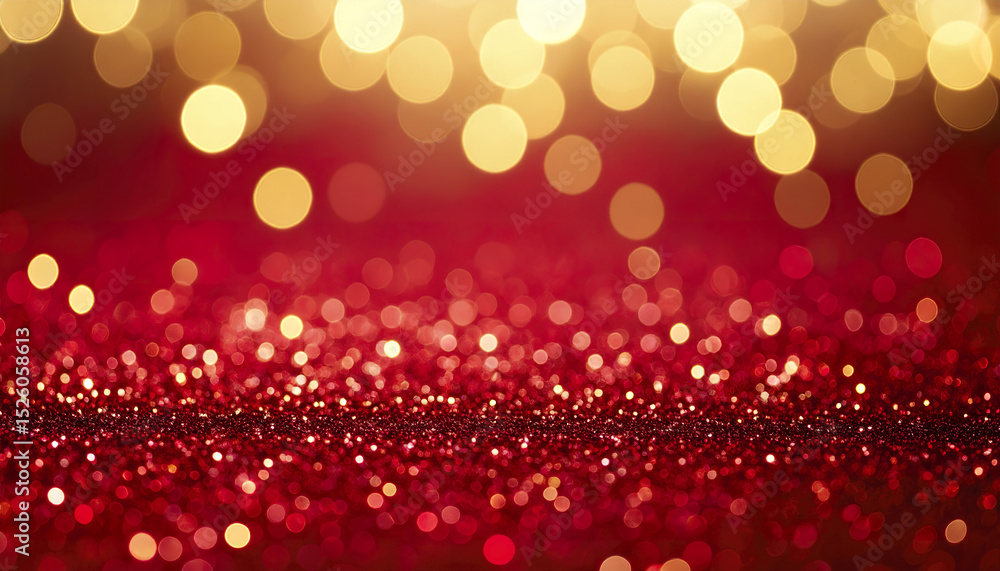 Poster sparkling red glitter surface with warm golden bokeh lights creating festive atmosphere