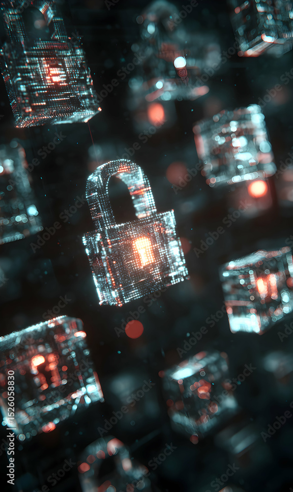 Poster digital security visualization of cryptographic padlock with complex structure representing protecti