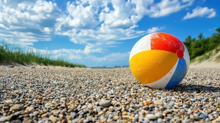 A colorful beach ball on a gravel path with a blue sky and white clouds in the background.