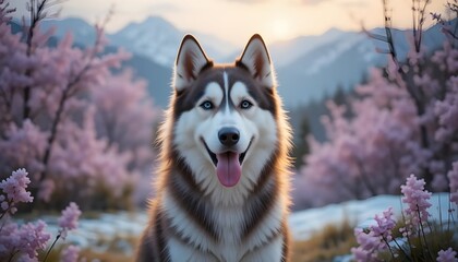 Obraz premium A majestic husky smiles brightly amidst blossoming cherry trees in springtime bathed in the serene light of the sunset