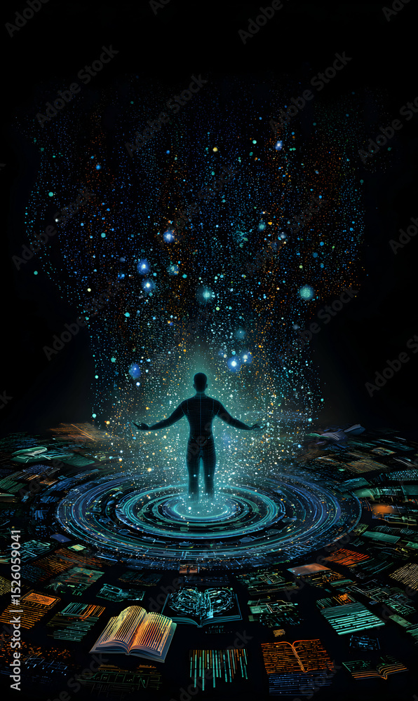 Poster silhouette figure in immersive starlit environment connecting to knowledge and universe concept expr