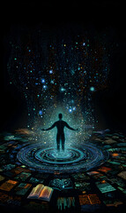 Silhouette figure in immersive starlit environment connecting to knowledge and universe concept expressing limitless potential and cosmic awareness
