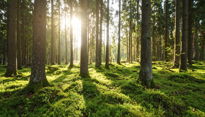 Obraz premium serene forest landscape with vibrant greenery and sunlight filtering through trees