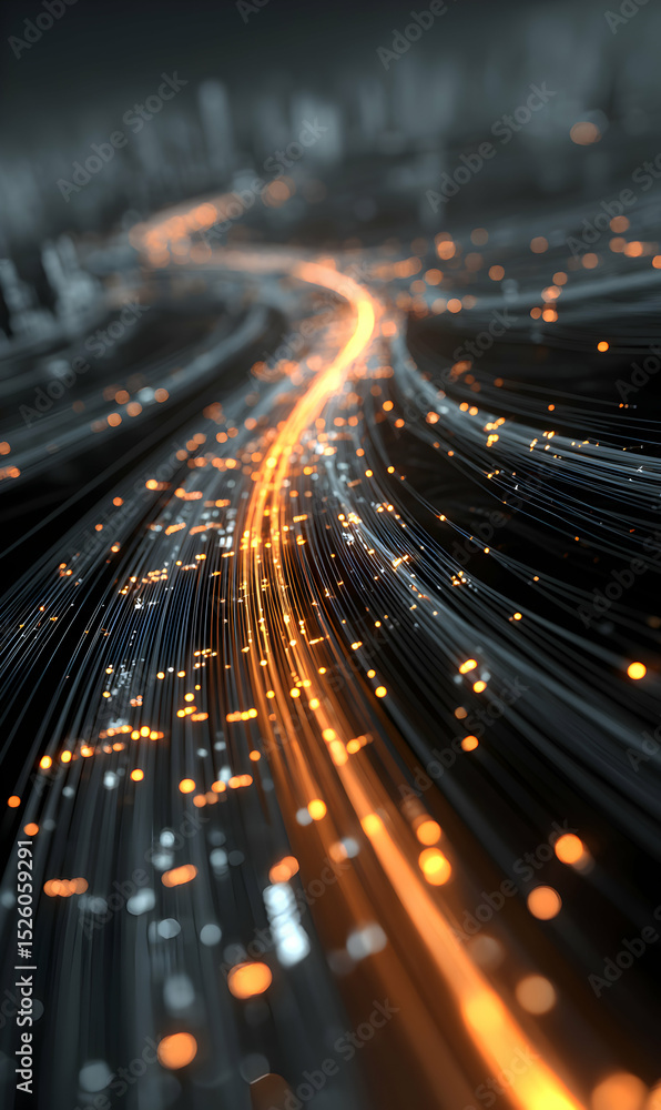 Poster abstract rendering of light streaks converging in a futuristic technological network visualization d
