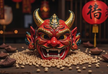 Obraz premium Vibrant demon mask surrounded by soybeans at the Setsubun festival