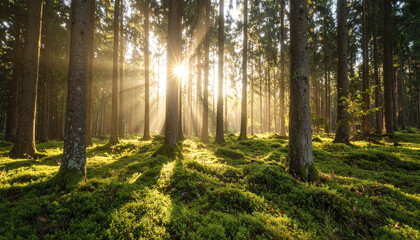 Obraz premium Sunbeams piercing through vibrant green forest at sunrise create magical atmosphere