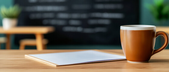 Cozy Coffee Moment with Brown Mug and Blank Paper on Wooden Table in Calm Cafe Setting