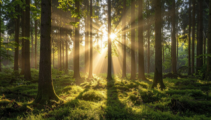 Sunbeams piercing through vibrant green forest at sunrise create magical atmosphere