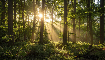 Obraz premium Sunbeams piercing through vibrant green forest at sunrise create magical atmosphere