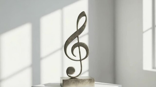 The treble clef sparkles on a bright, shiny surface, illuminated by warm ambient light. A symbol of music and elegance.