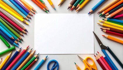 Obraz premium Child’s drawing tools flat lay – crayons, paper, scissors arranged on left, right side left empty for text or activity instructions. Bright, playful, creative workspace for kids.