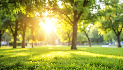 Sunlit park with lush green grass and trees, creating serene atmosphere