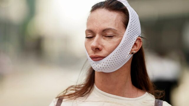Focused woman wearing facial compression band, using smartphone in bright outdoor city environment.