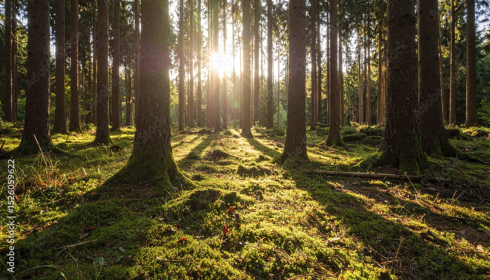 Poster sunlit forest with tall trees casting shadows on mossy ground, creating serene atmosphere