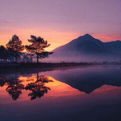 Obraz premium Mountain sunrise in calm nature, a moment of peace and serenity 