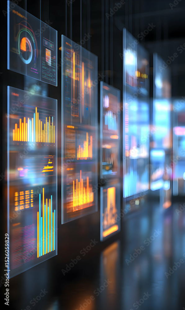 Poster futuristic data visualization technology with transparent screens showing charts and graphs in a mod