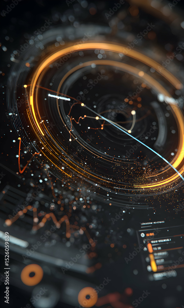 Poster futuristic data visualization concept with glowing circles and lines showcasing abstract digital inf