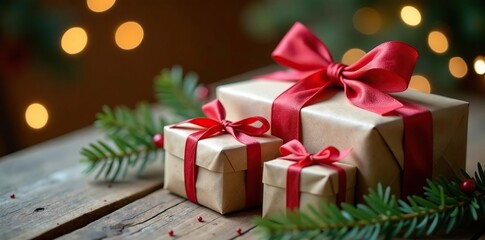 Obraz premium Vibrant wrapped gifts, soft glow, rustic twine, beautiful, pretty