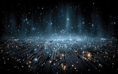 Tech Banner Background: Glowing Circuit Board with Stars, Abstract Digital Vector Design, Blue Copy Space
