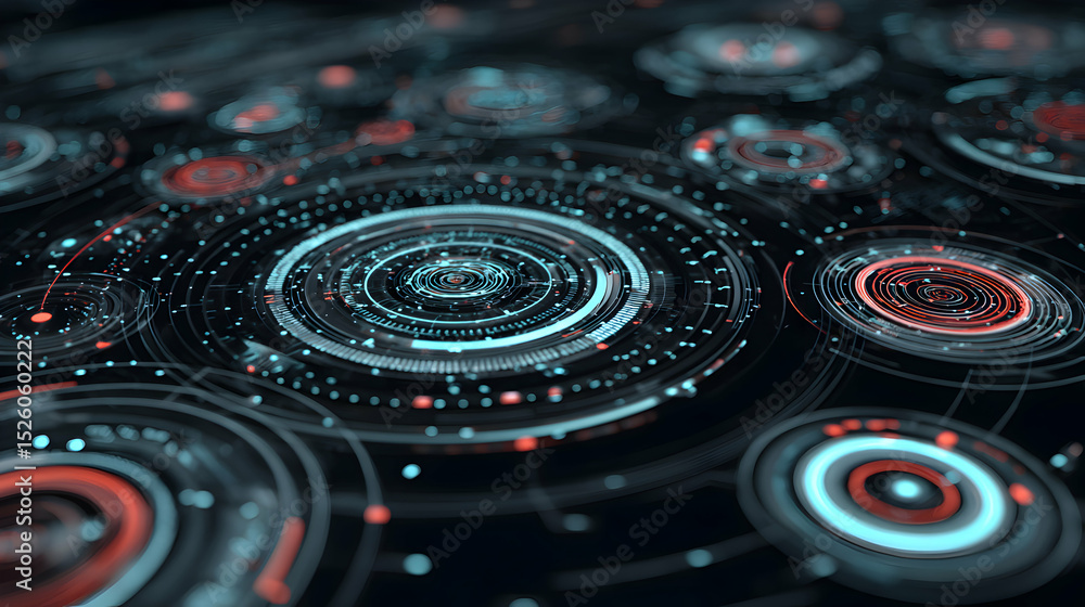Poster futuristic dark background with glowing digital circles showcasing complex systems integration