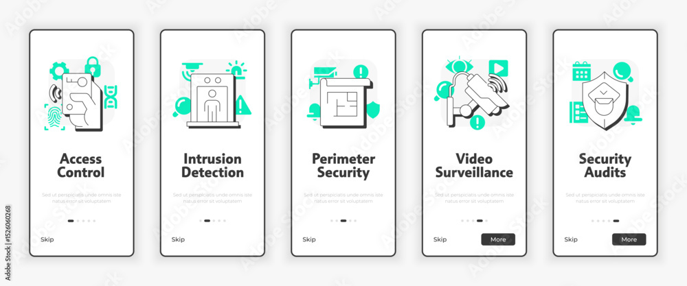 Poster components of physical security systems mobile onboarding screen. prevention intrusion ux ui illustr