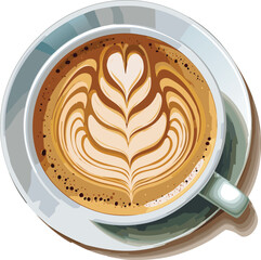 Realistic Top-Down View of Latte Art Coffee – Detailed Cappuccino with Foam Design Illustration