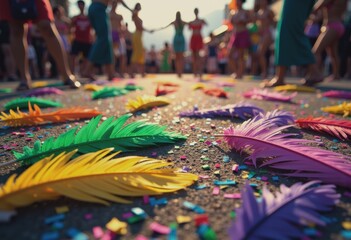 Fototapeta premium Vibrant feathers and confetti on the ground at Barranquilla Carnival