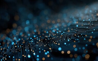Abstract Futuristic Tech: Dark Blue Glowing Circuit Texture with Stars, Vector Banner with Wide Text Area