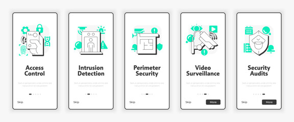 Components of physical security systems mobile onboarding screen. Prevention intrusion UX UI illustration. Flat outline style icons with green accent. Informa Pro Bold, Montserrat Light fonts used