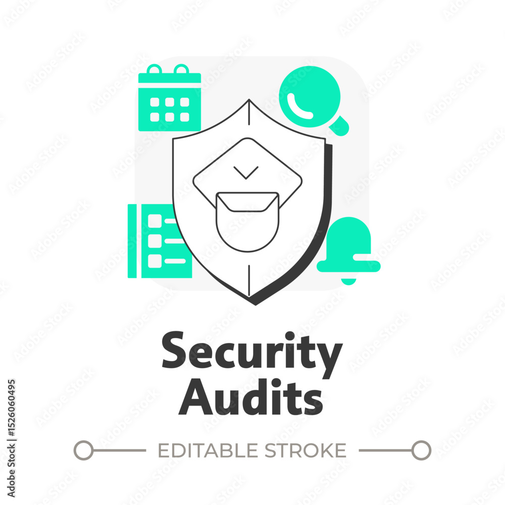 Poster security audits flat outline concept icon. component of physical protection system. evaluate effecti