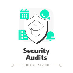 Security audits flat outline concept icon. Component of physical protection system. Evaluate effectiveness of work. Modern line illustration with green glyphs. Conceptual visual. Easy to edit