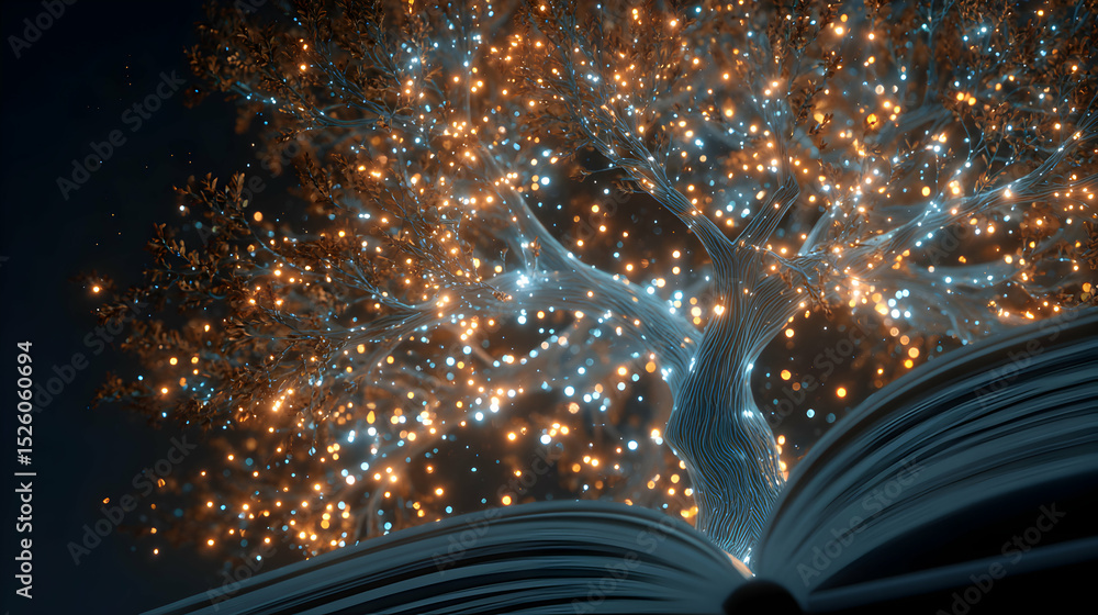 Poster enchanting narrative an open book unveiling a glowing tree of knowledge and illumination for imagina
