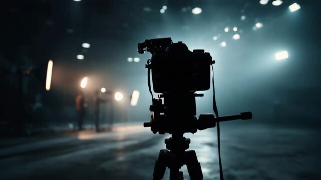 Silhouetted camera setup in a dark studio