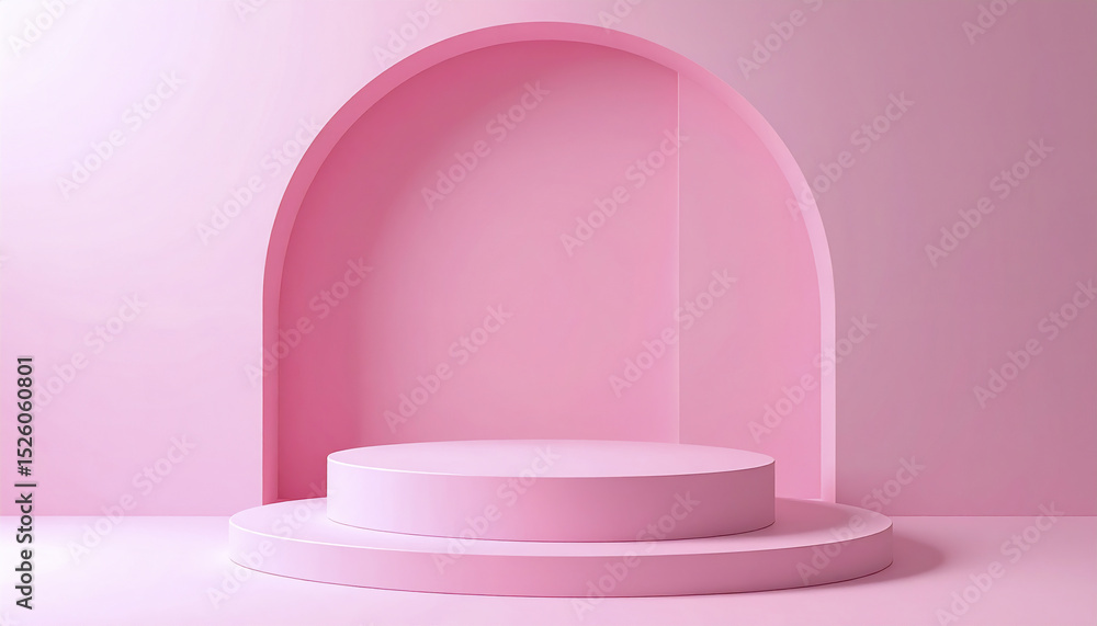 Poster minimalist pink backdrop with soft curves and centered platform for product display