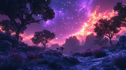 Celestial Tapestry: A Dreamy Landscape Beneath a Nebula-Strewn Sky